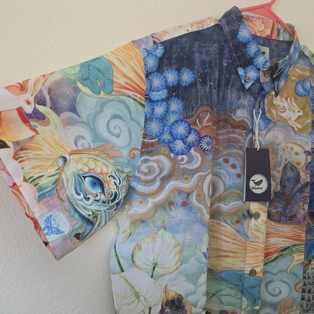 NWT Yiume Hawaiian Shirt Men's XL Colorful Koi Novelty Quirky Art Japan Tropical - Picture 4 of 12